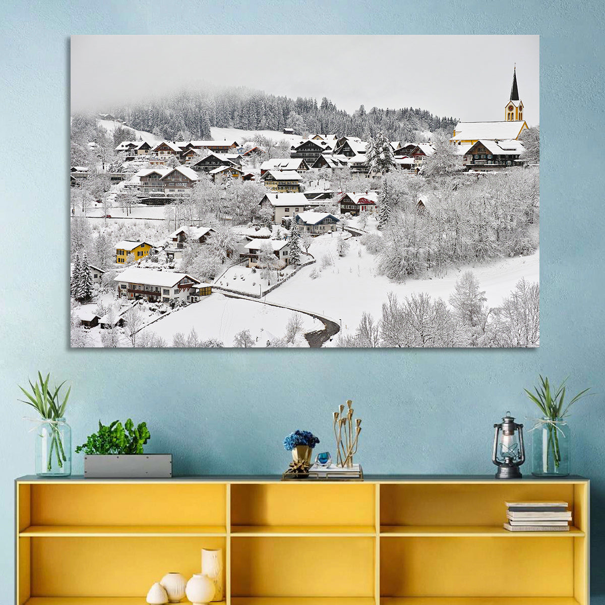 Oberstaufen Winter Village Wall Art in a room, landscape