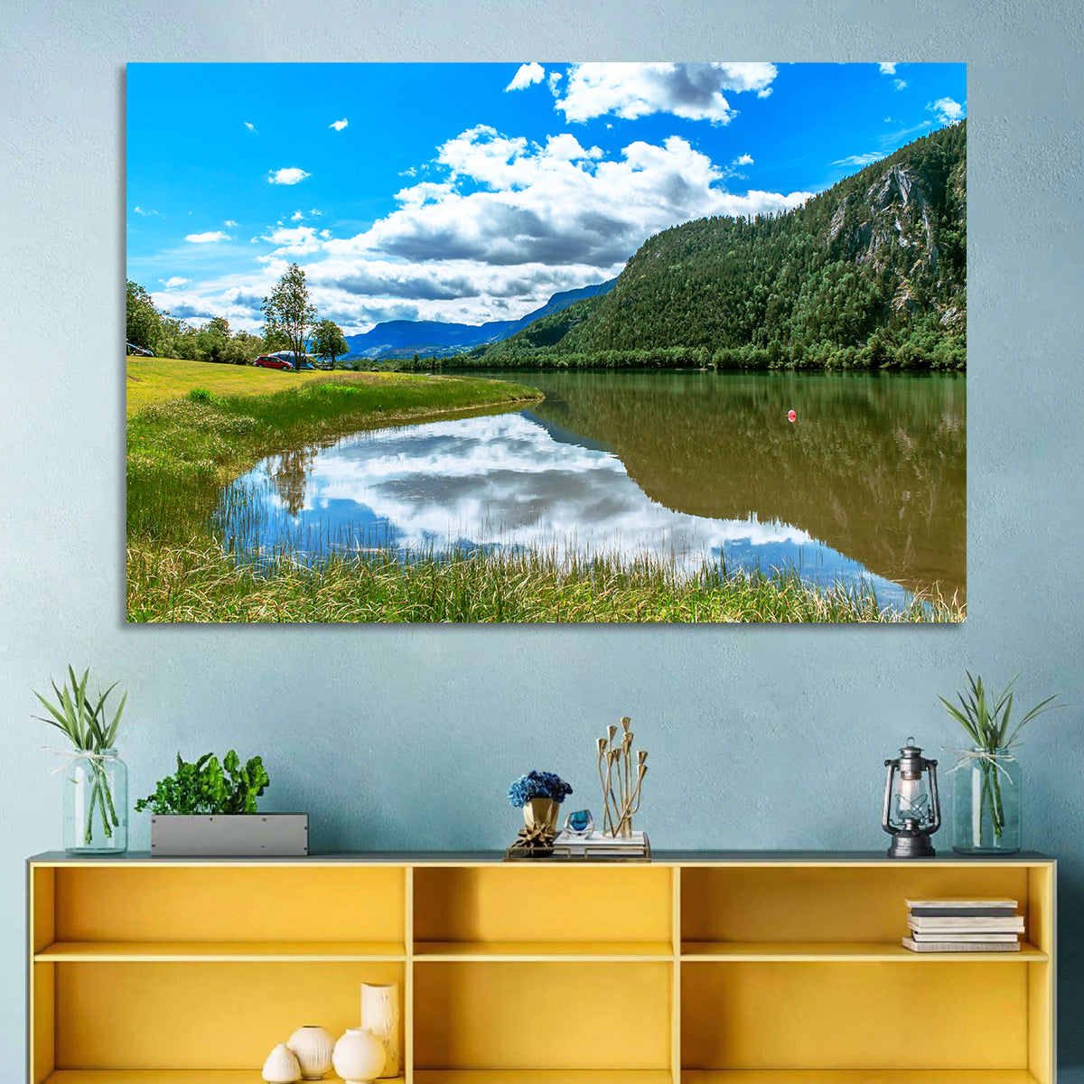 Lake Mjosa Reflection Wall Art in a room, landscape