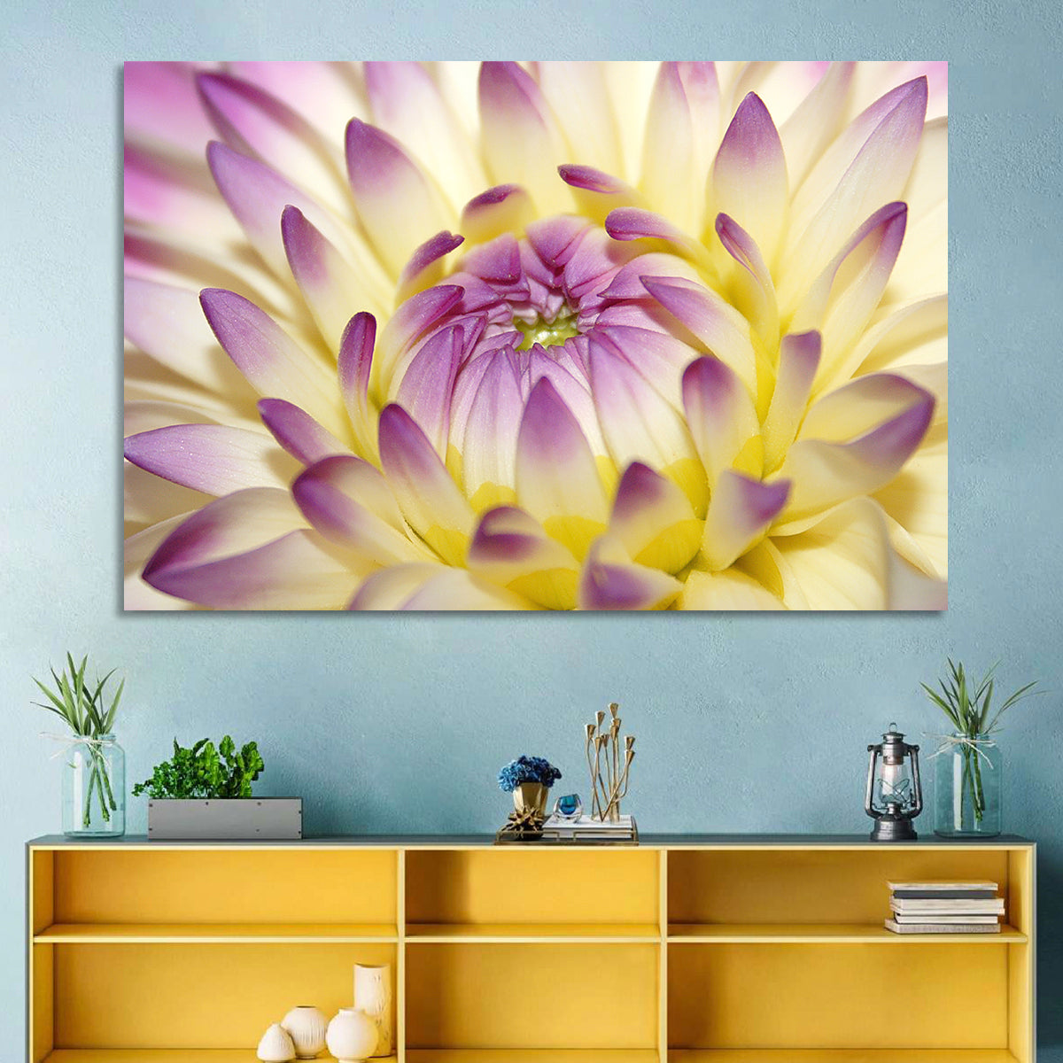 Dahlia Macro Portrait Wall Art in a room, landscape