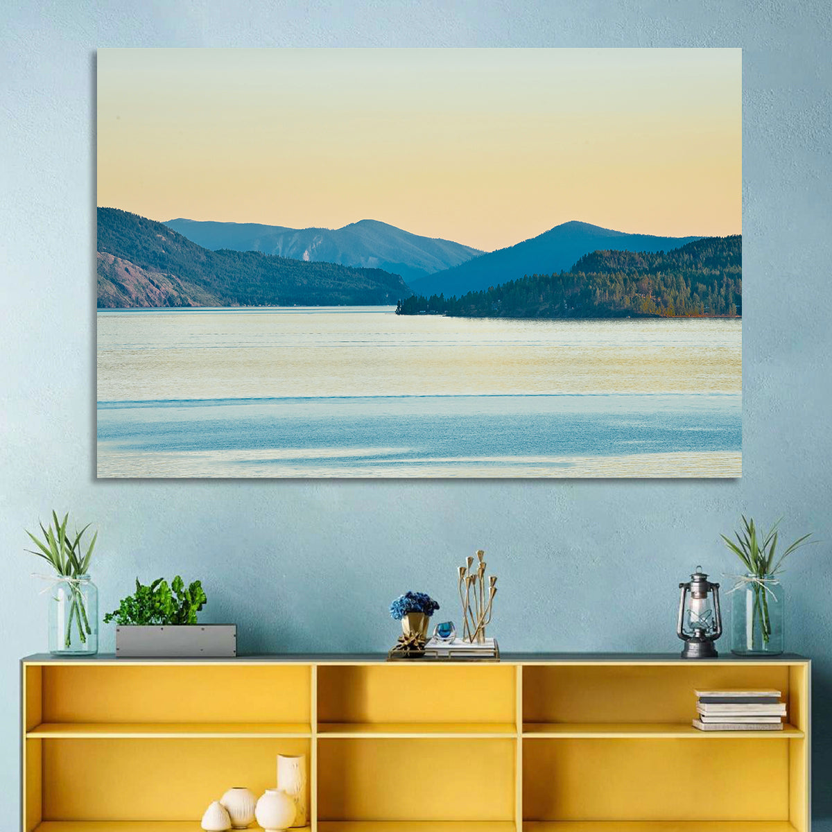Lake Pend Oreille at Golden Hour Wall Art in a room, landscape