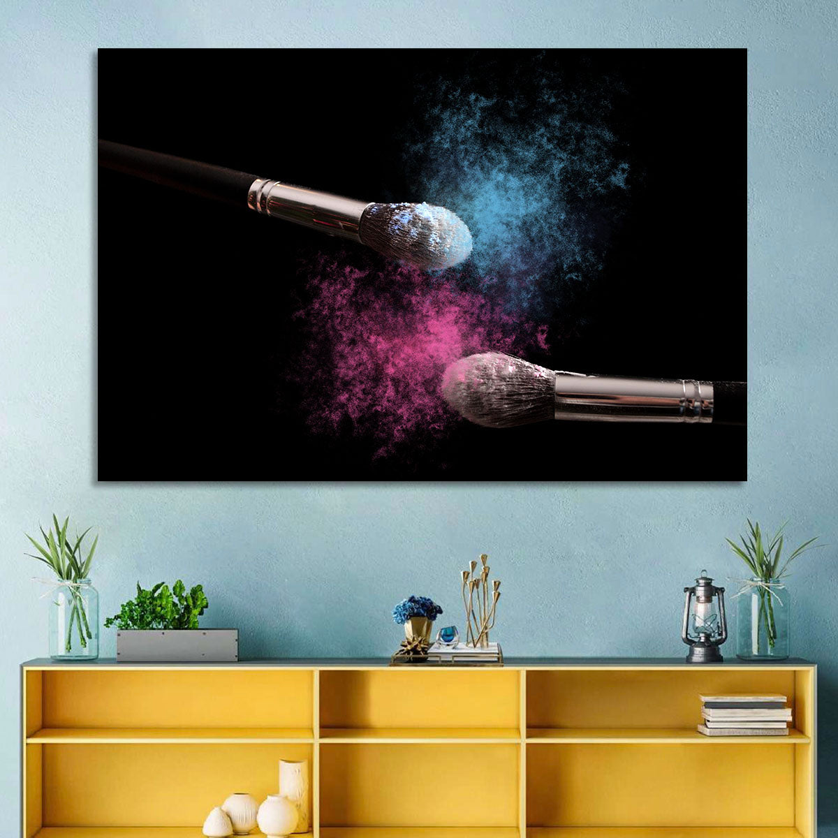 Powder Burst Makeup Brushes Wall Art in a room, landscape
