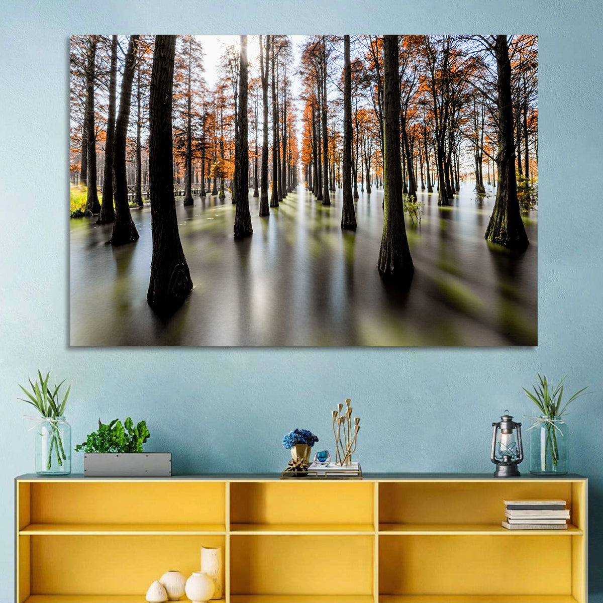 Autumn Flooded Cypress Forest Wall Art in a room, landscape