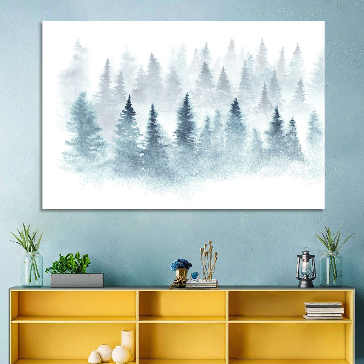 Misty Pine Forest Watercolor Wall Art