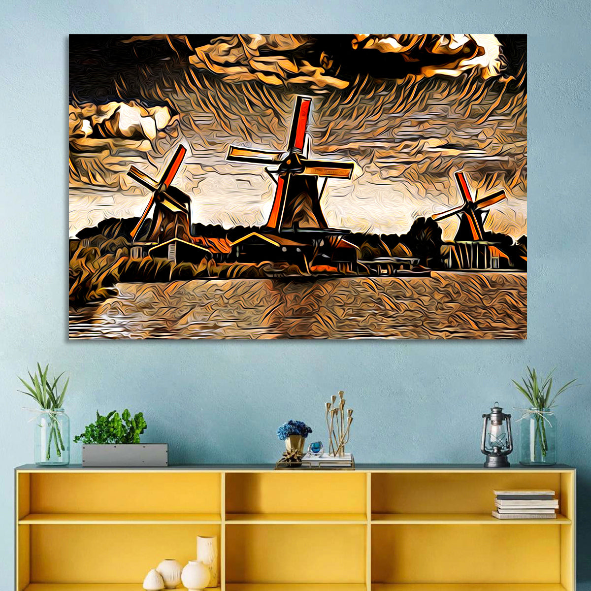 Retro Windmills at Sunset Wall Art in a room, landscape