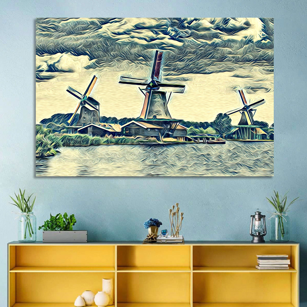 Three Vintage Windmills Wall Art in a room, landscape