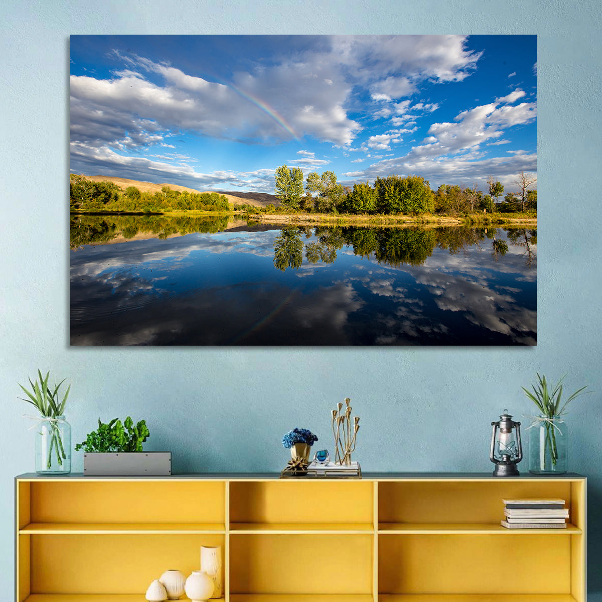 Boise River Rainbow Reflection Wall Art in a room, landscape