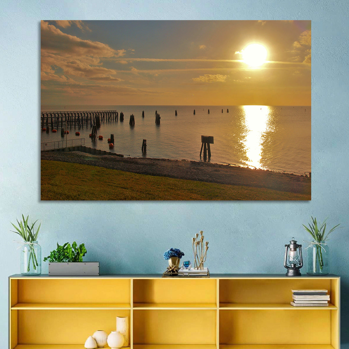Lake Okeechobee Sunset Pier Wall Art in a room, landscape