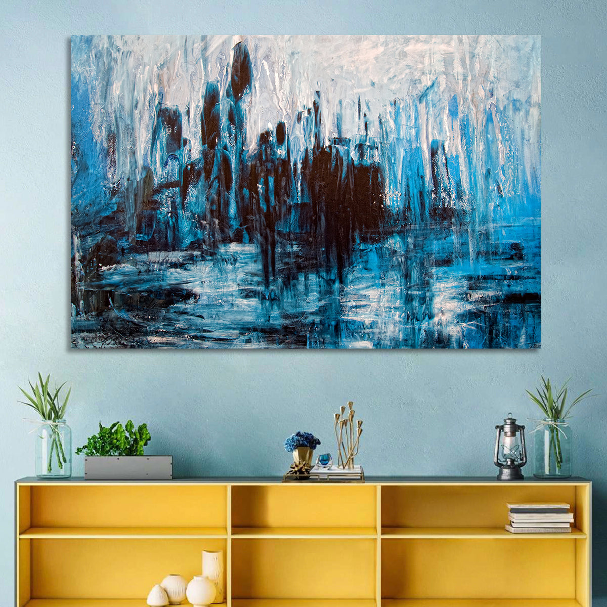 Rainy Abstract Skyline Reflection Wall Art in a room, landscape