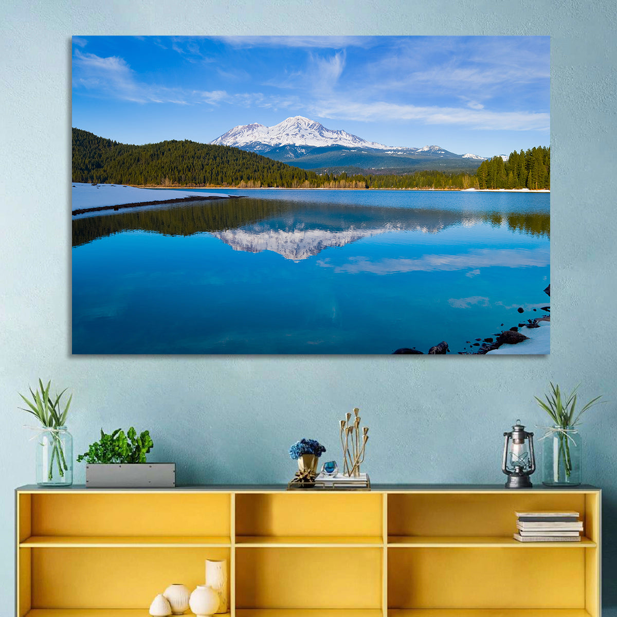 California Mountain Lake Reflection Wall Art in a room, landscape
