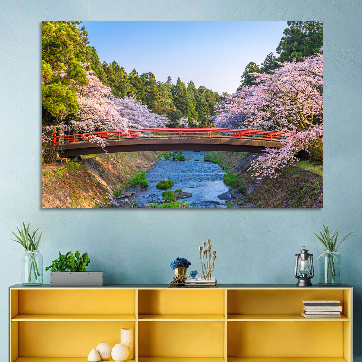Arched Red Bridge with Cherry Blossoms Wall Art