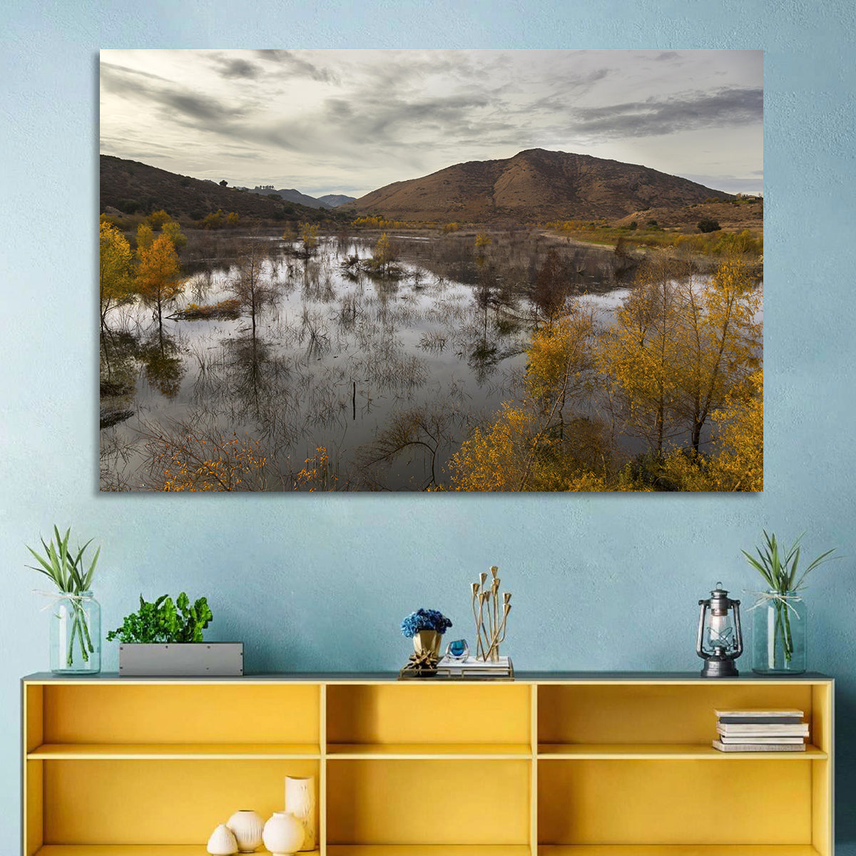 Lake Hodges Autumn Reflection Wall Art in a room, landscape