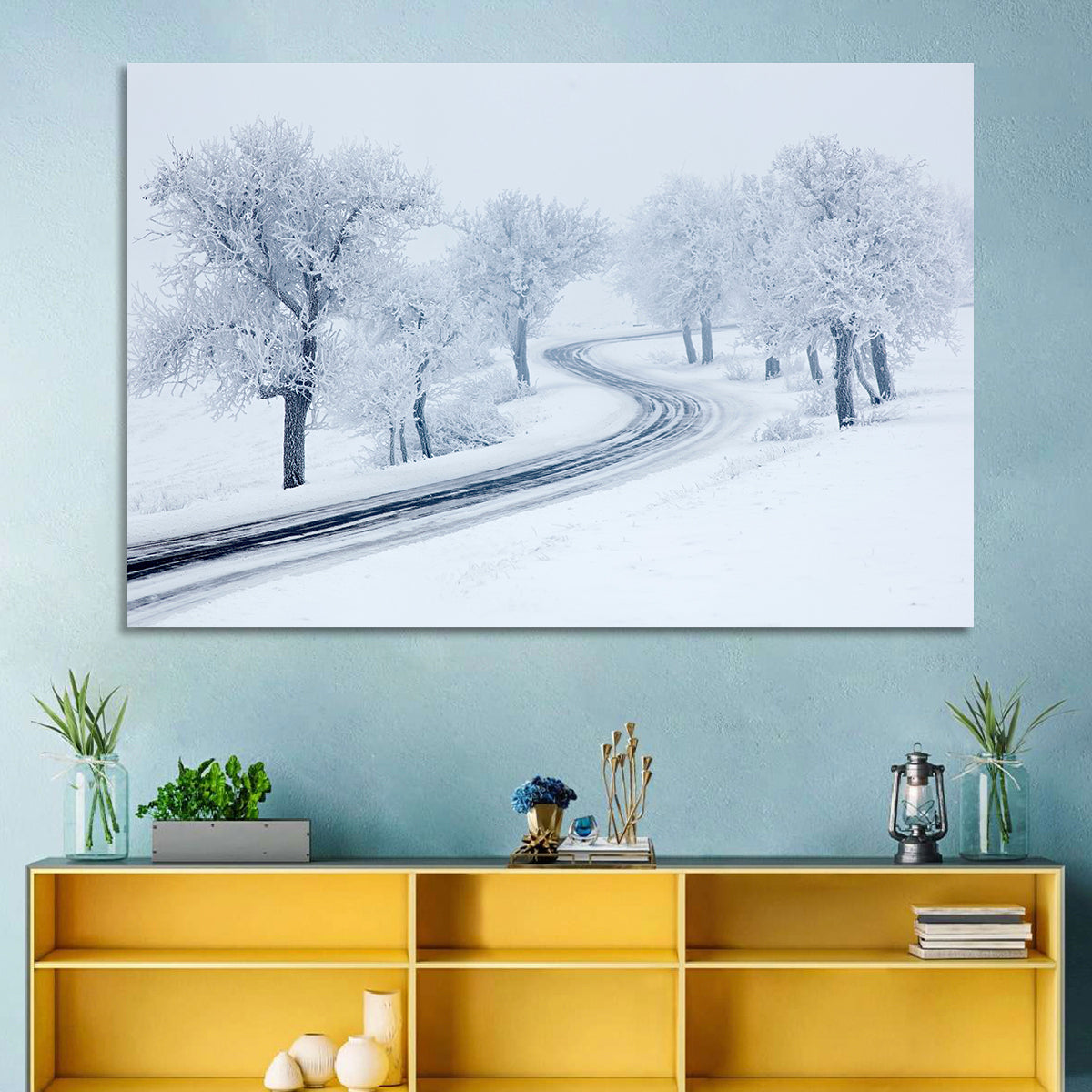 Misty Winter S-curve Road Wall Art in a room, landscape