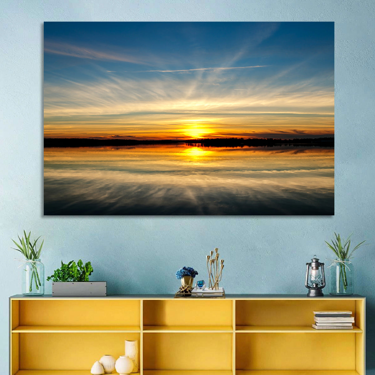 Oklahoma Lake Sunset Reflection Wall Art in a room, landscape