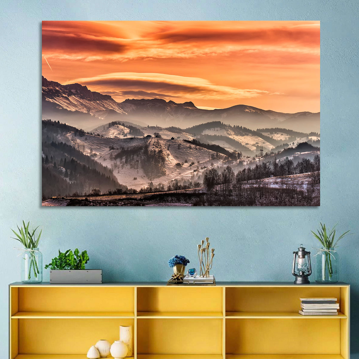 Pestera Mountain Sunrise Wall Art in a room, landscape