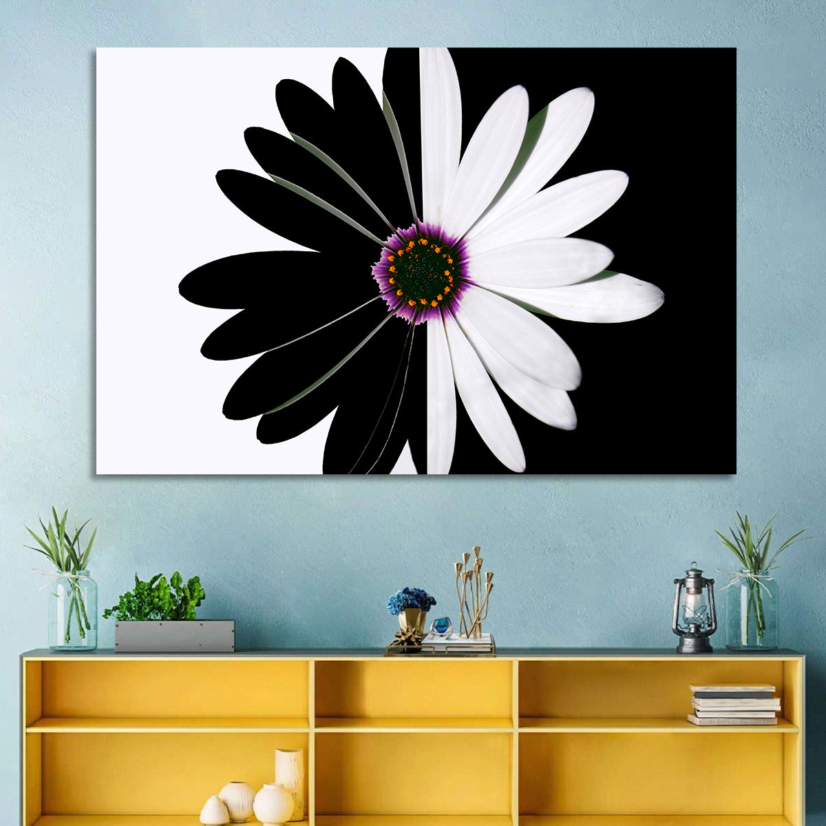 Black and White Daisy with Purple Ring Wall Art in a room, landscape