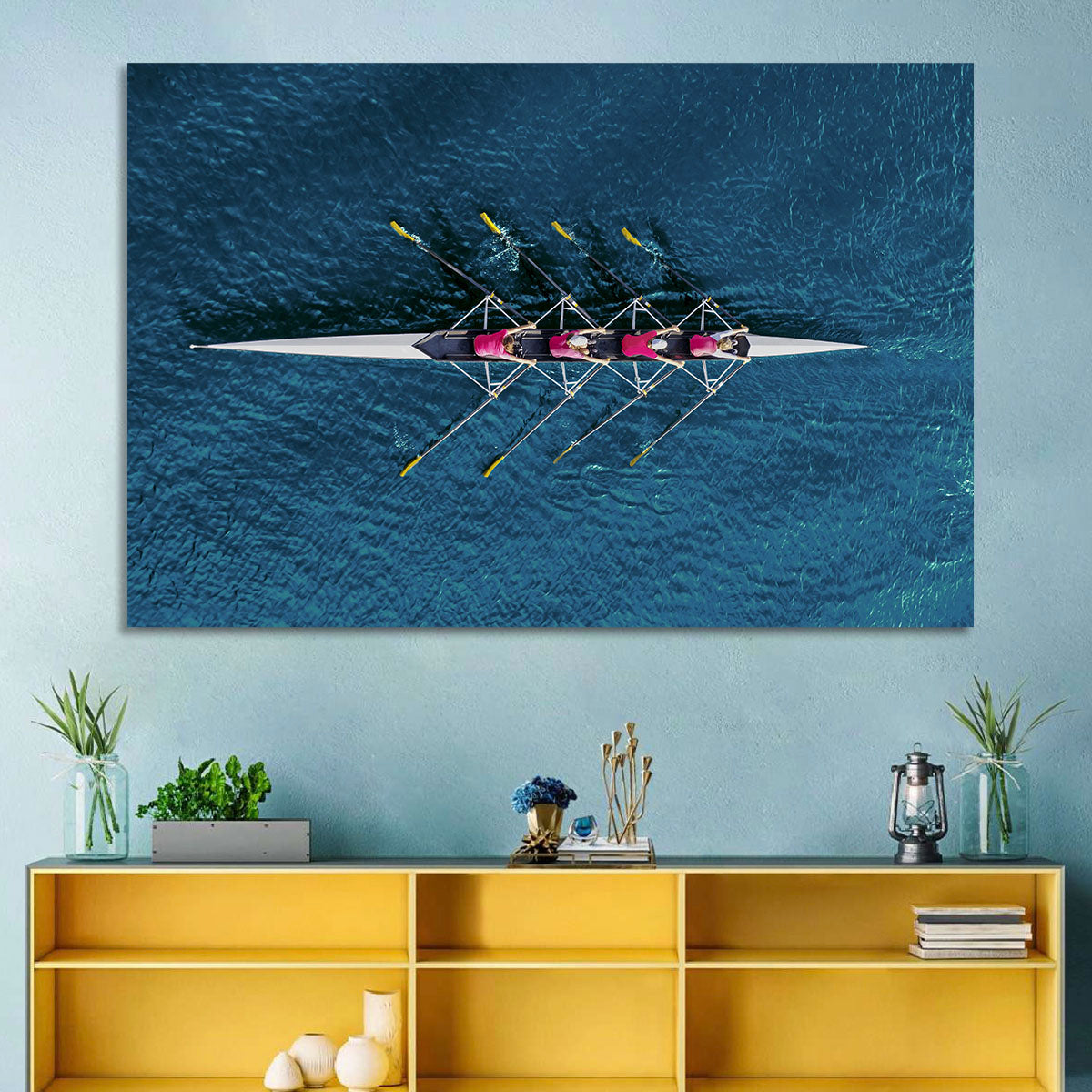 Four Rowers in Pink Shirts Wall Art in a room, landscape