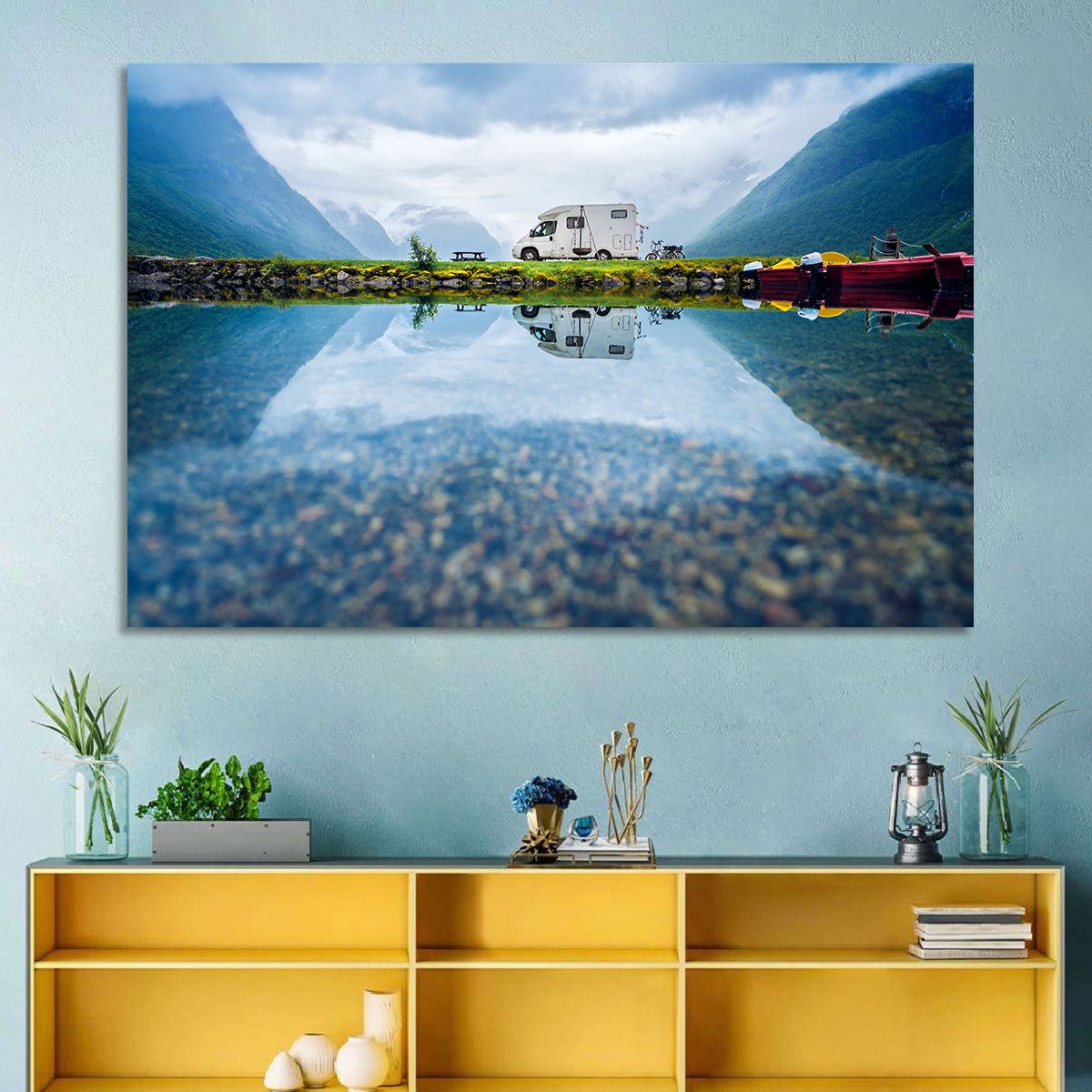 Motorhome by Mountain Lake Wall Art in a room, landscape