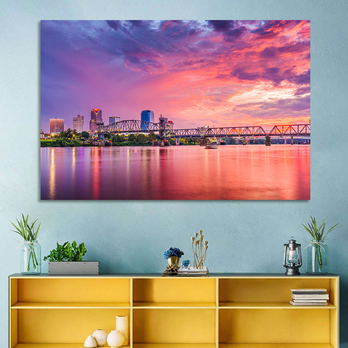 Little Rock Sunset Skyline Wall Art in a room, landscape