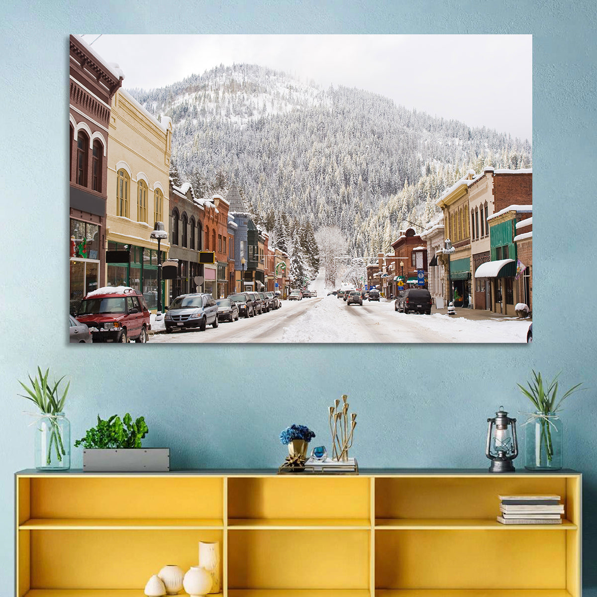 Snow Covered Mountain Main Street Wall Art in a room, landscape