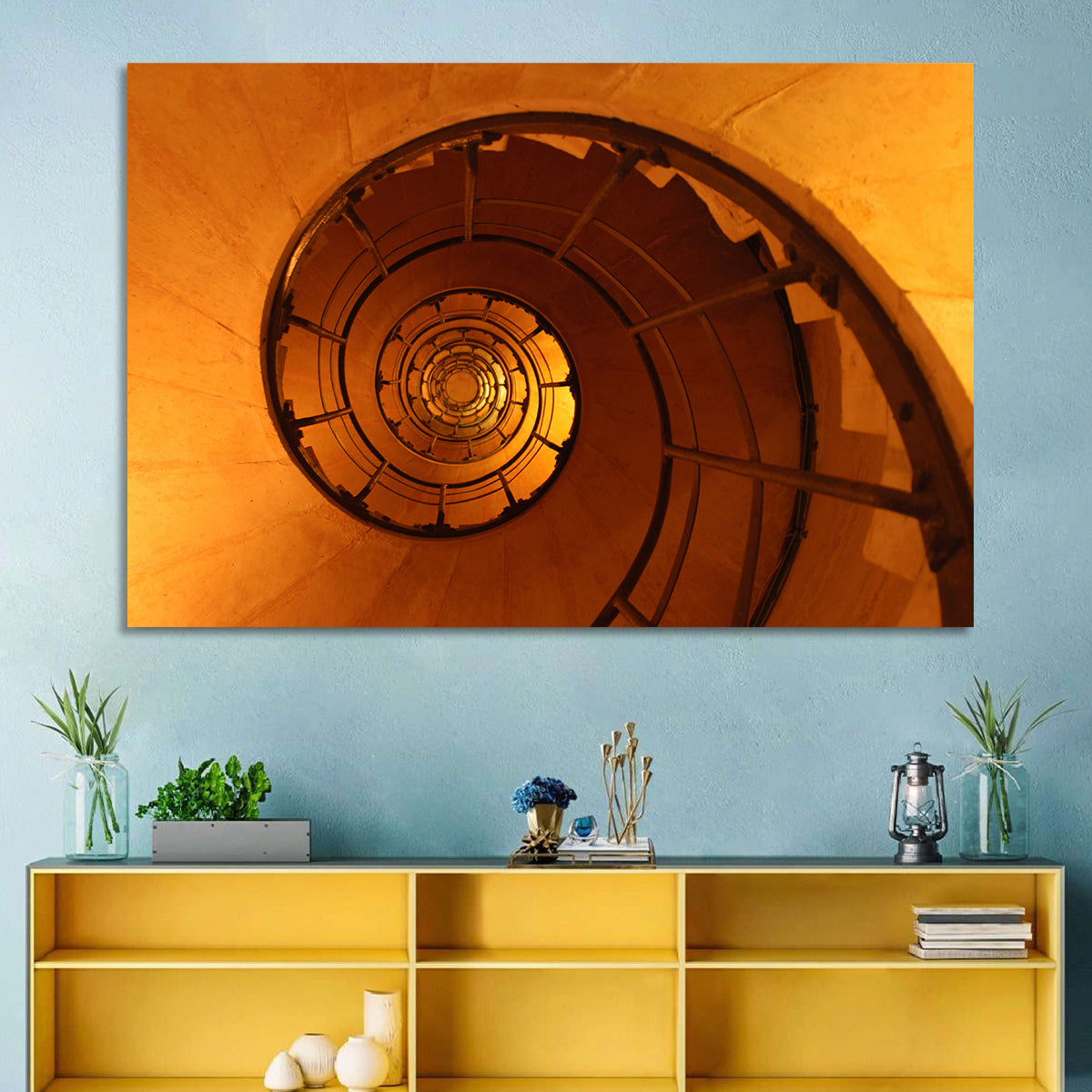 Vortex Spiral Staircase Wall Art in a room, landscape