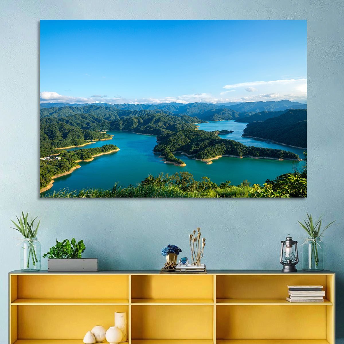 Emerald Qiandao Lake Wall Art in a room, landscape