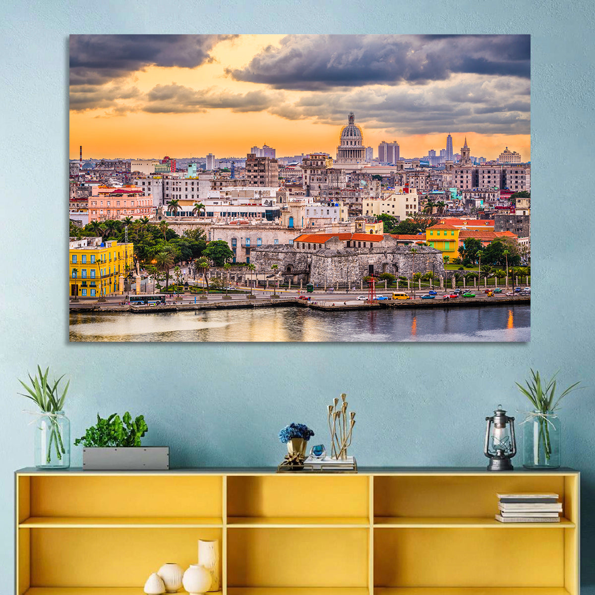 Havana Waterfront at Sunset Wall Art in a room, landscape