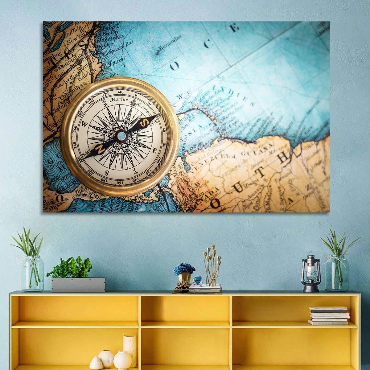 Vintage Compass Over Atlantic Map Wall Art in a room, landscape