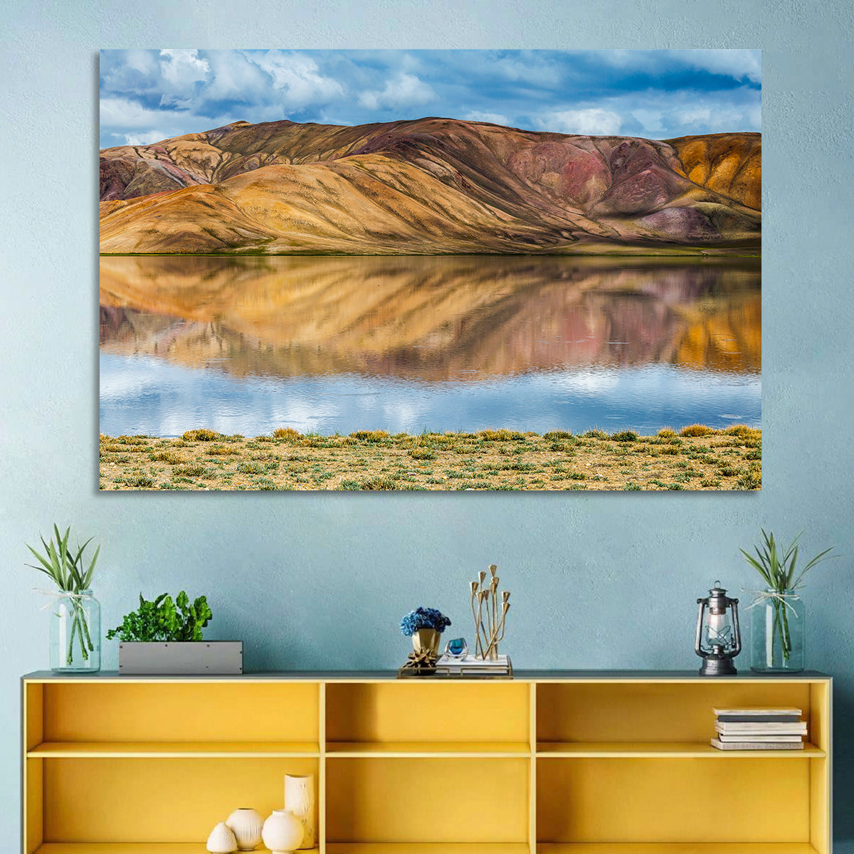 Bulunkul Lake Reflection Wall Art in a room, landscape