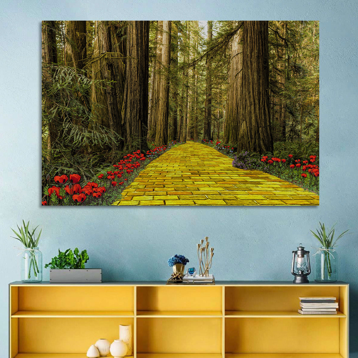 Yellow Brick Path Through Redwoods Wall Art in a room, landscape