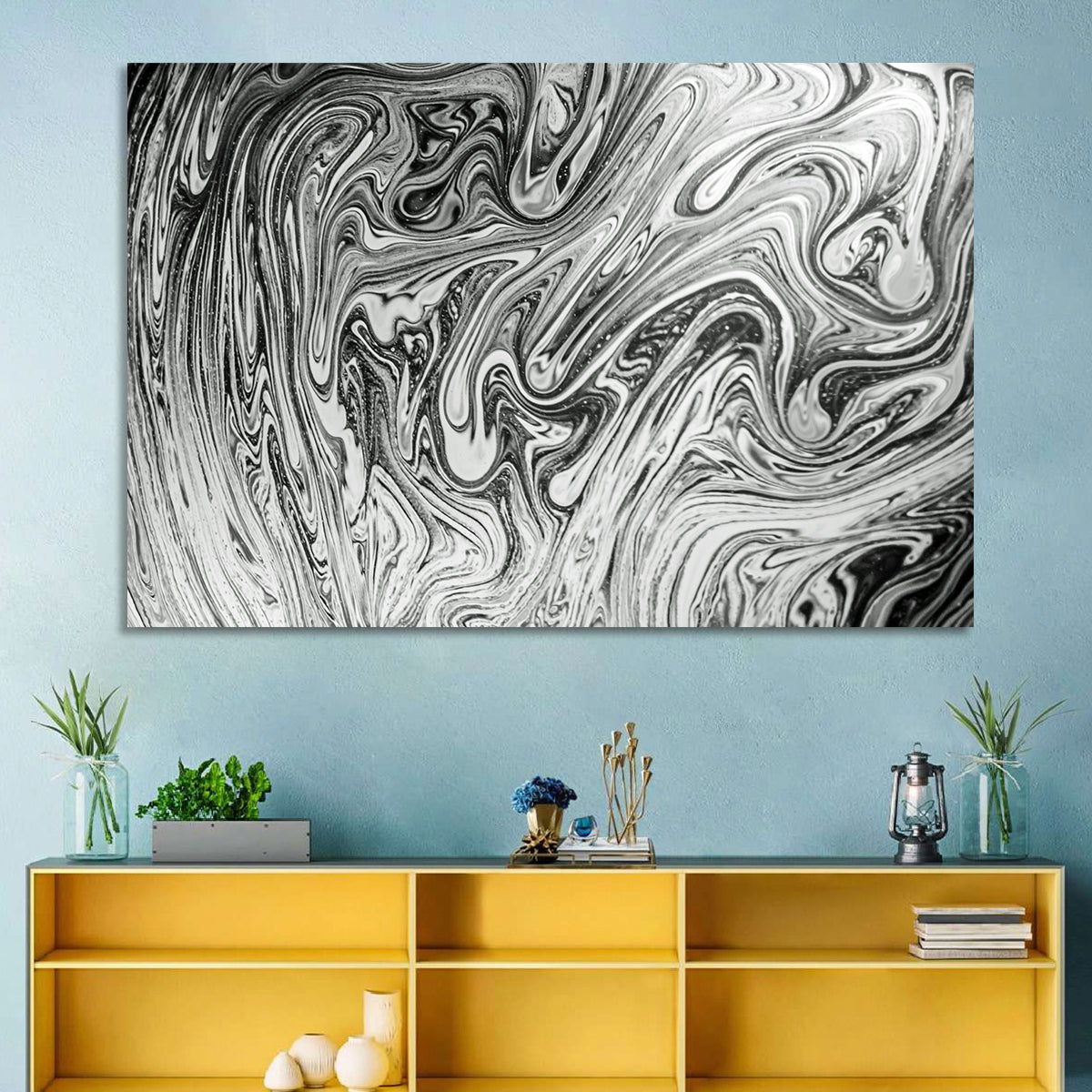 Ink Swirl Monochrome Abstract Wall Art in a room, landscape