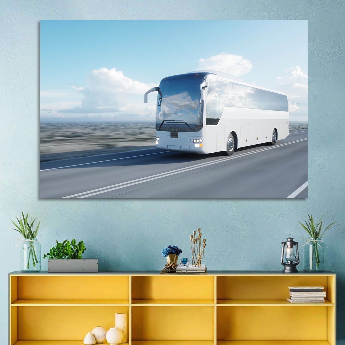 Desert Highway Tour Bus Wall Art in a room, landscape