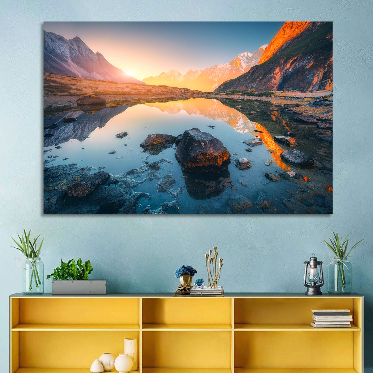 Himalayan Lake Reflections Wall Art in a room, landscape
