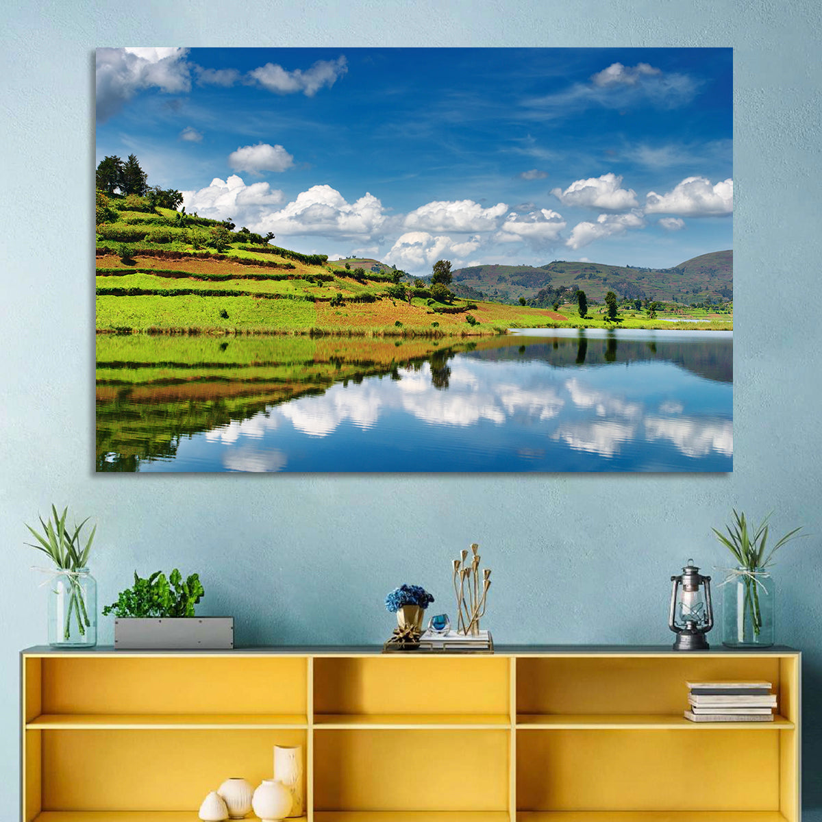 Bunyonyi Lake Reflection Wall Art in a room, landscape
