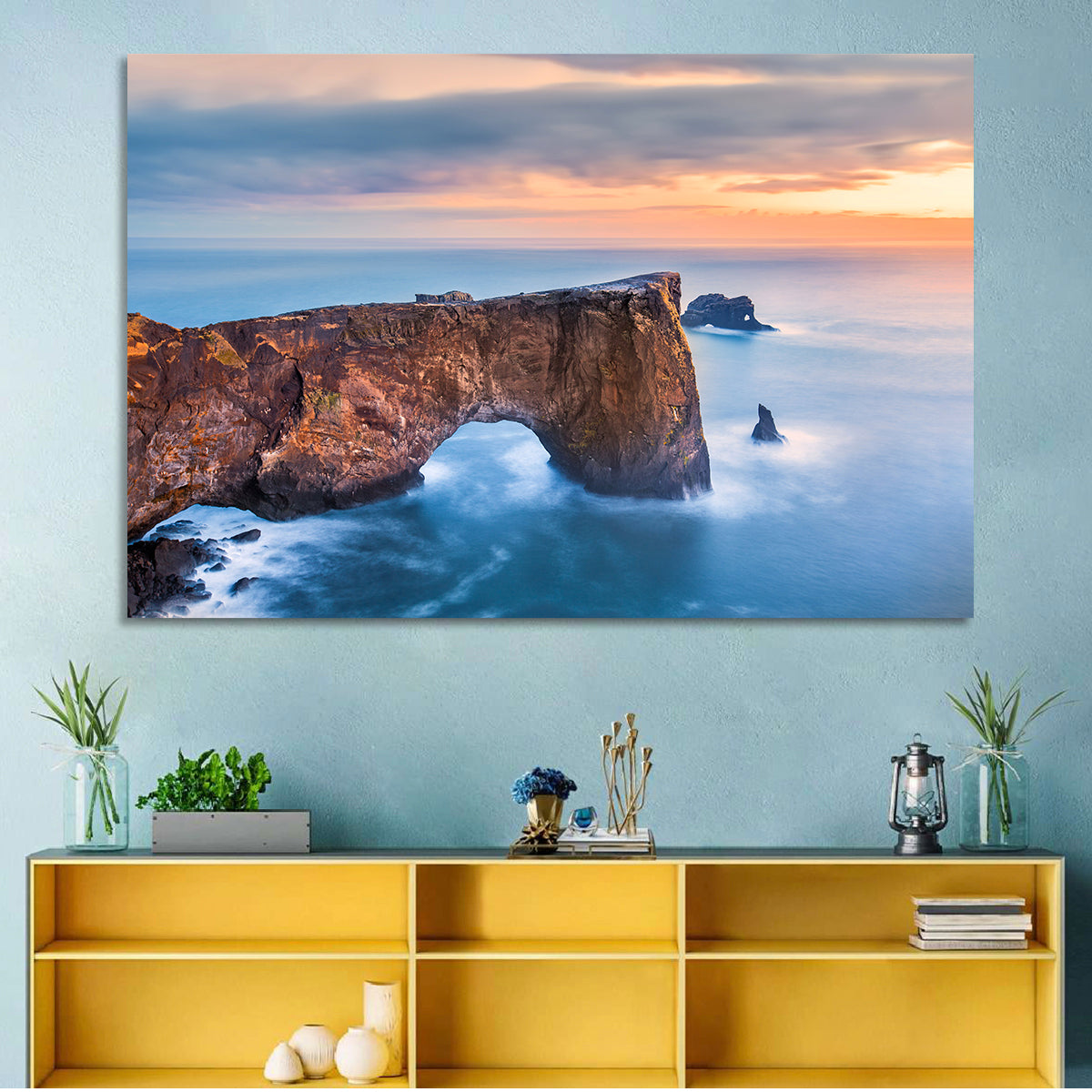 Dyrhólaey Sea Arch at Sunset Wall Art in a room, landscape