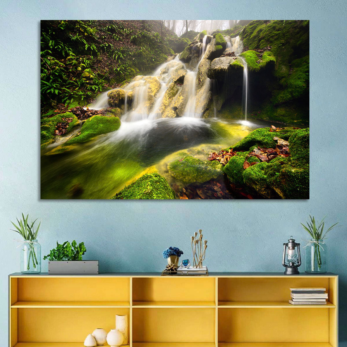 Cheile Nerei Mossy Waterfall Wall Art in a room, landscape