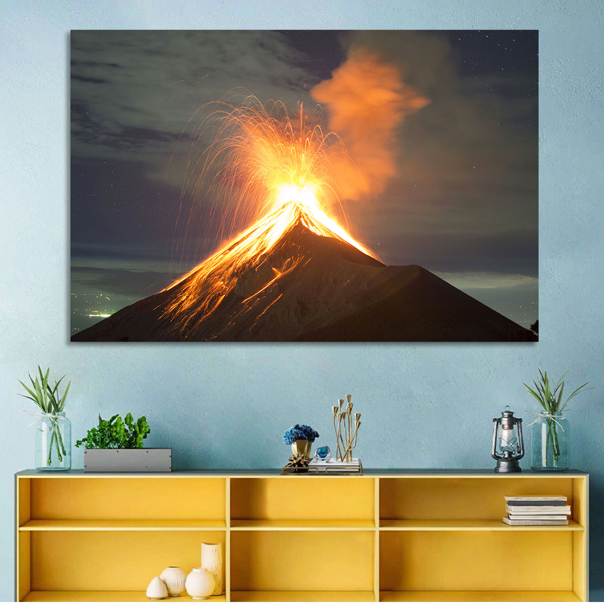 Starry Night Volcano Eruption Wall Art in a room, landscape