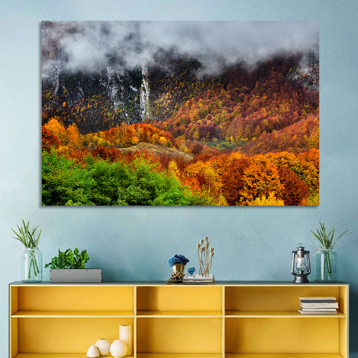 Misty Carpathian Autumn Wall Art in a room, landscape