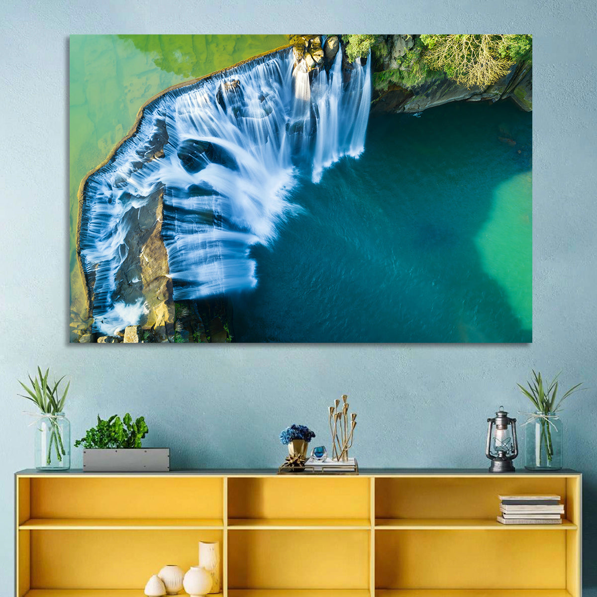 Shifen Waterfall Aerial Wall Art in a room, landscape