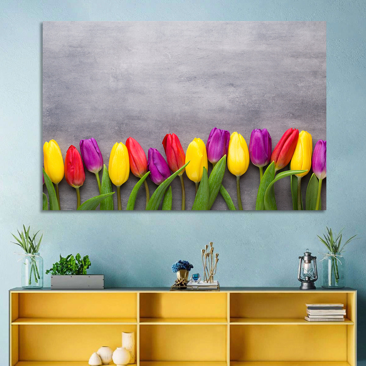 Row of Multicolored Tulips Wall Art in a room, landscape