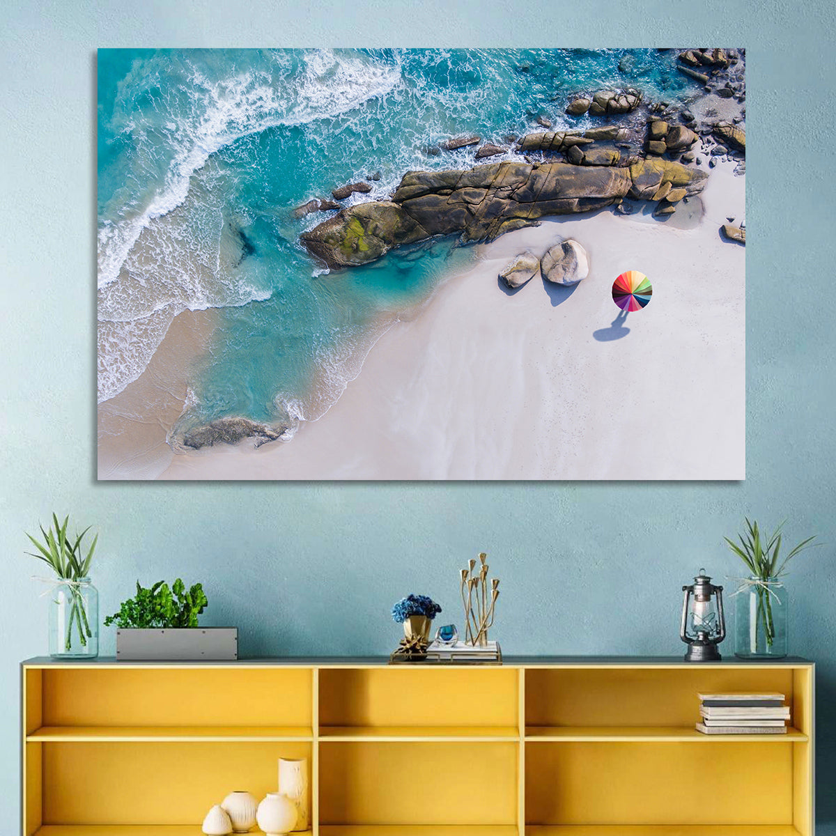Aerial Beach with Rainbow Umbrella Wall Art in a room, landscape