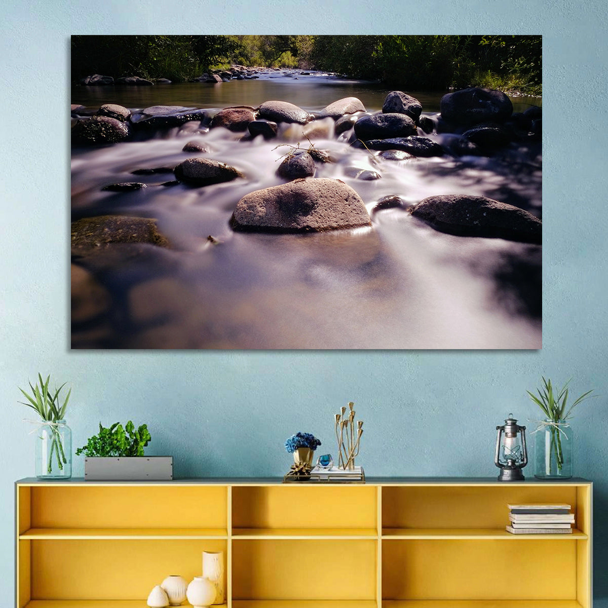Truckee River Sunlit Rocks Wall Art in a room, landscape
