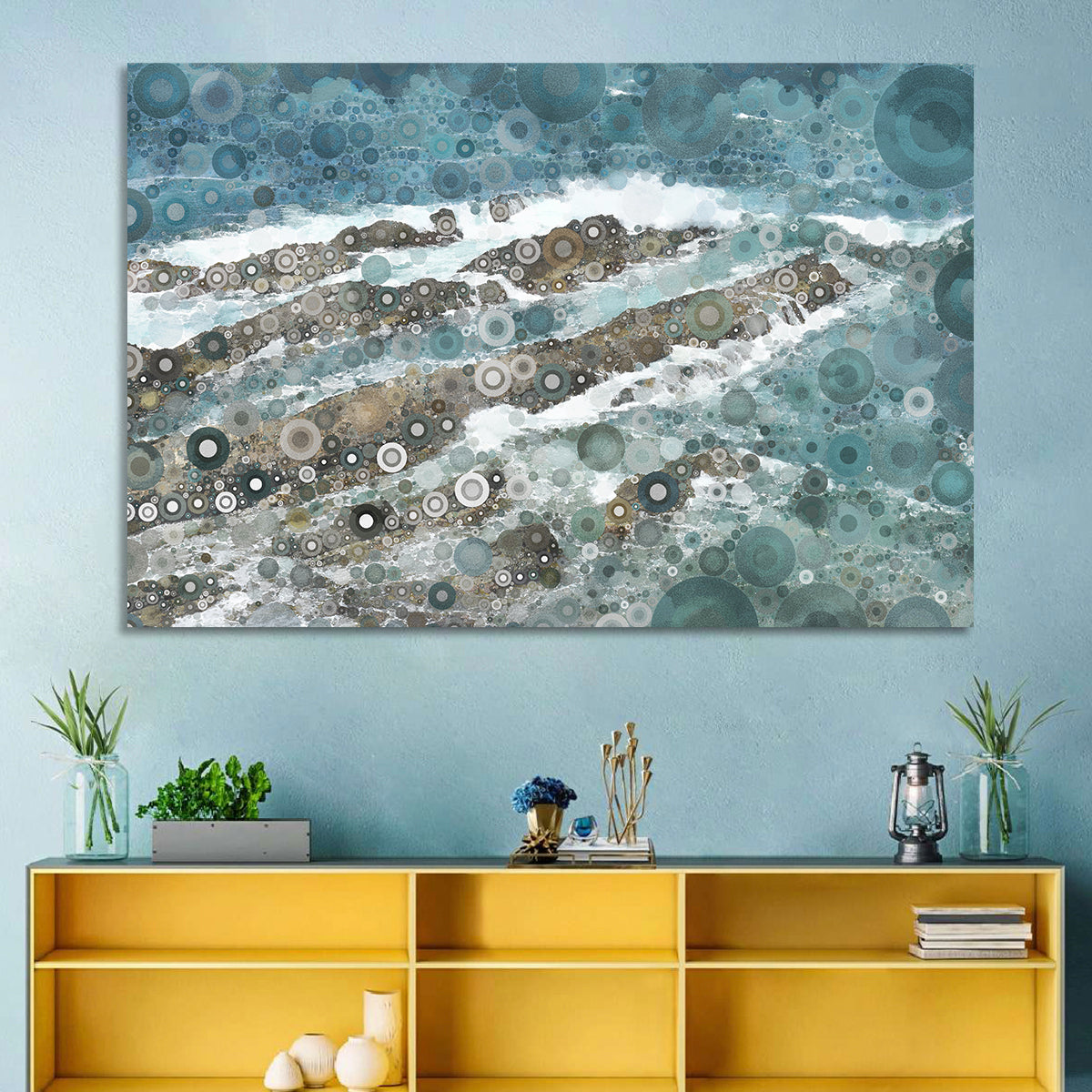 Teal Mosaic Ocean Wave Wall Art in a room, landscape