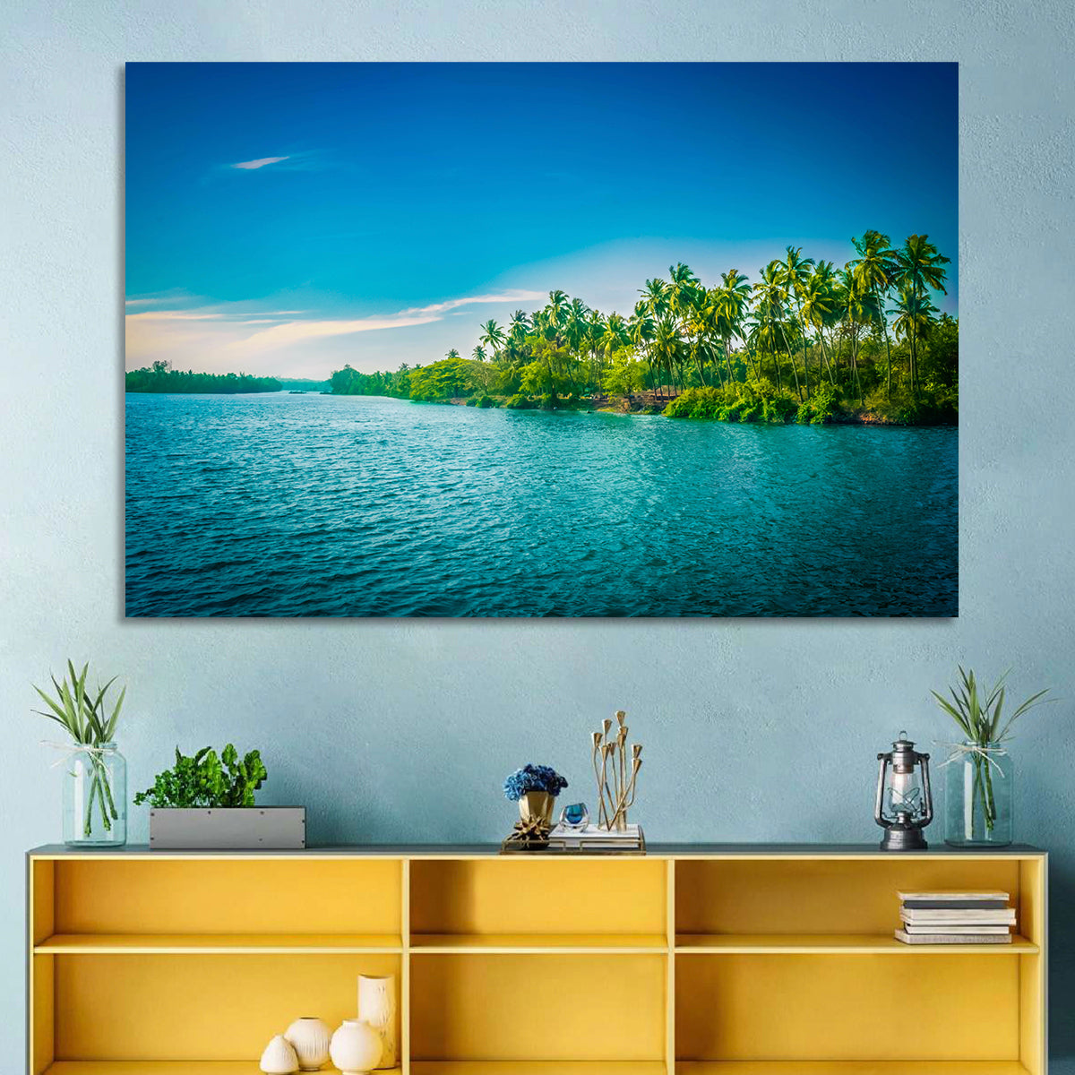 Tropical River in India Wall Art in a room, landscape