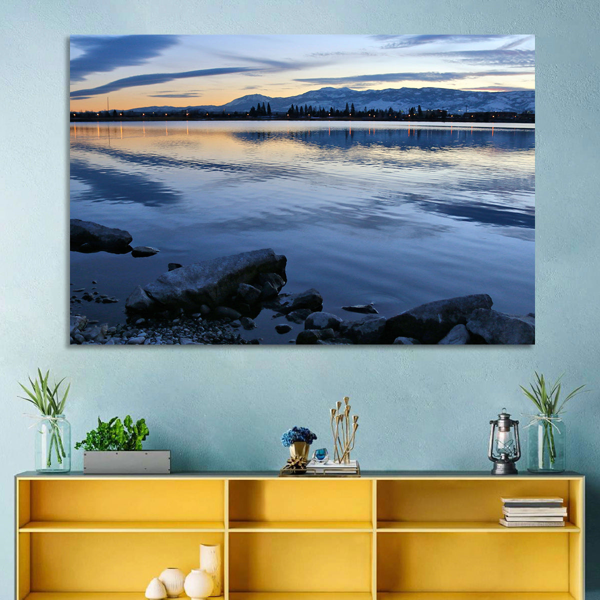 Sparks Marina Twilight Reflection Wall Art in a room, landscape