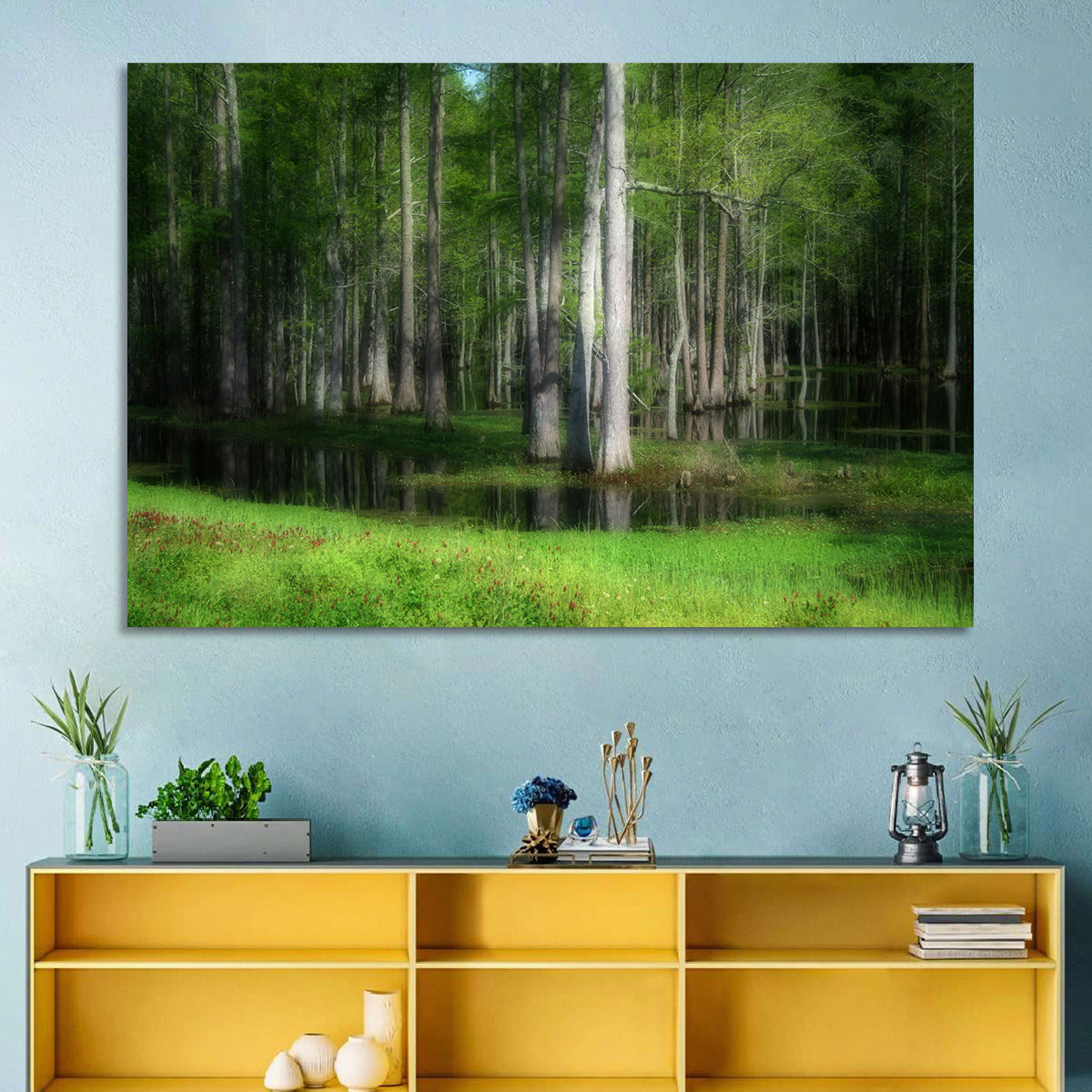 Lush Cypress Swamp Wall Art in a room, landscape