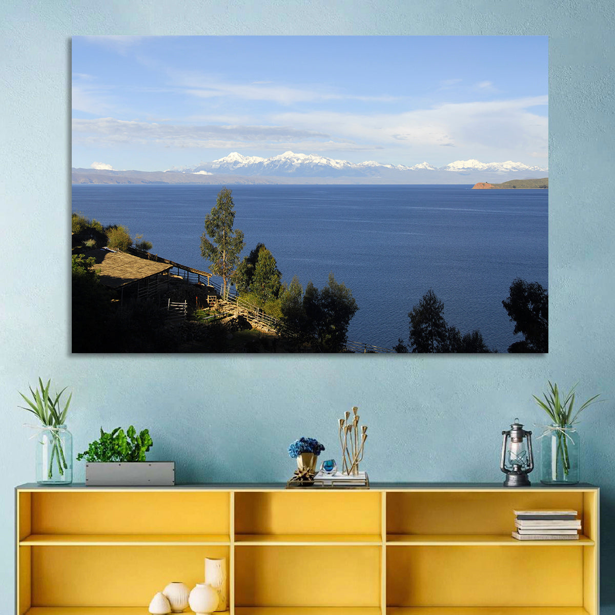 Lake Titicaca Thatched Roof View Wall Art in a room, landscape