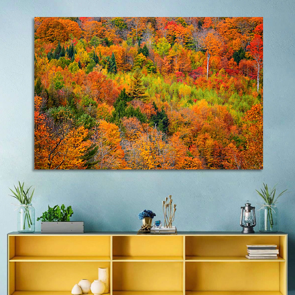 Vermont Autumn Mountain Forest Wall Art in a room, landscape