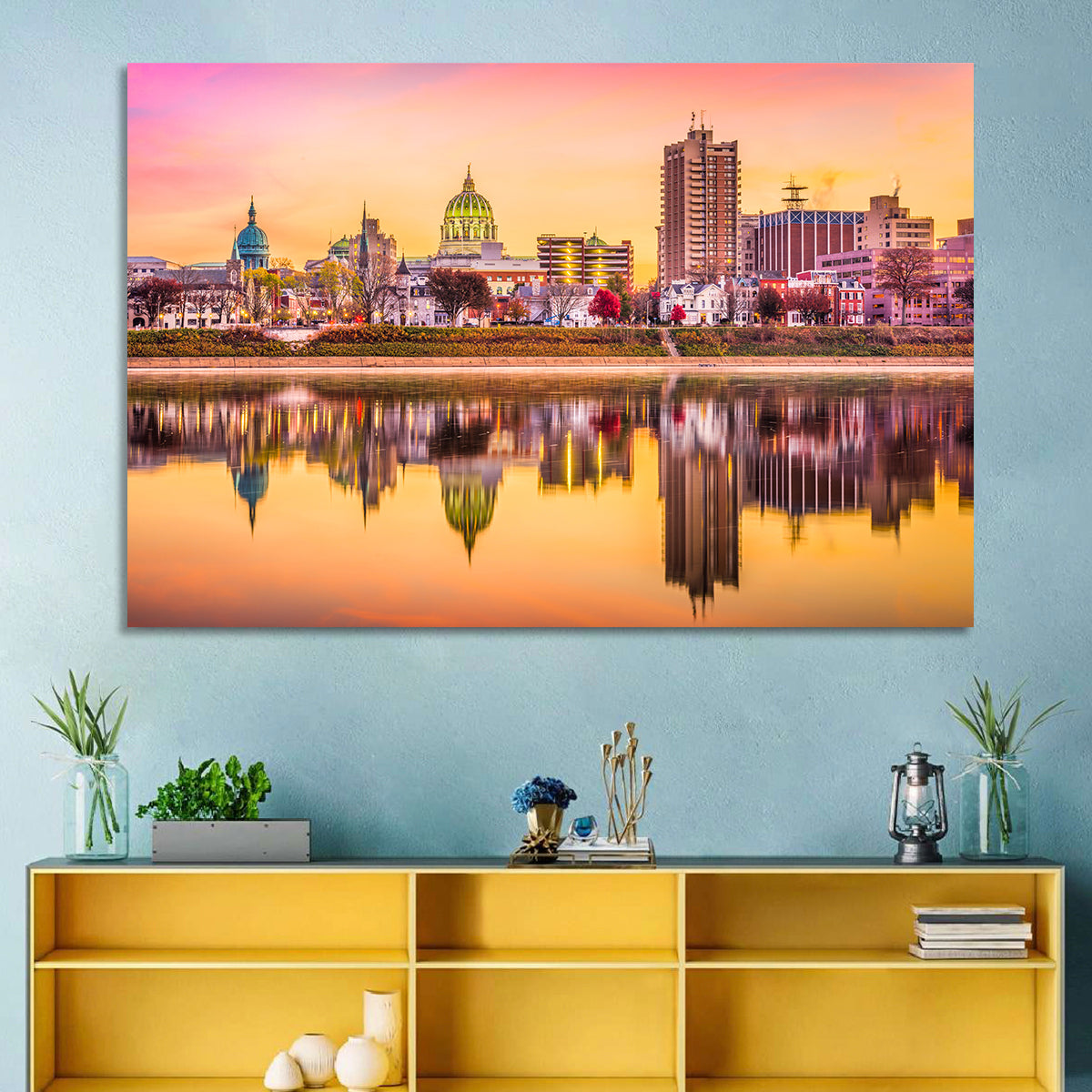 Harrisburg Golden Hour Skyline Wall Art in a room, landscape