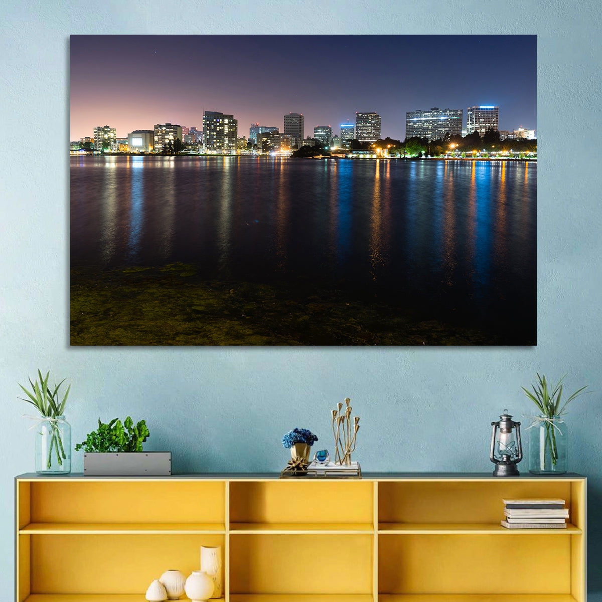 Oakland Skyline Over Lake Merritt Wall Art in a room, landscape