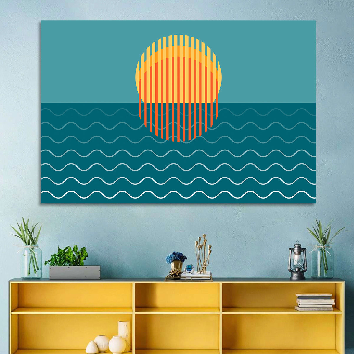 Teal Ocean Sunset Illustration Wall Art